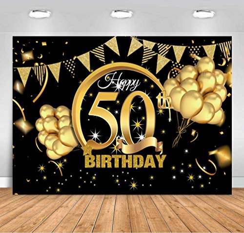 Sensfun Black Gold Happy 50th Birthday Backdrop Sparkle Glitter Balloons Shiny Stars Photography Background for Women Men 50th Birthday Decorations Banner Fifty Bday Party Photo Studio Props 7x5ft