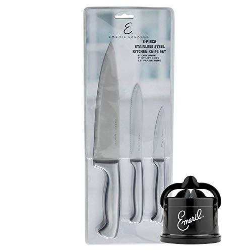 Emeril Lagasse 3-Piece Stainless Steel Kitchen Knife Set (Small Handles) - 8 Chef Knife, 5 Serrated Utility Knife, 3.5 Paring Knife plus Countertop Sharpener (Black) - Slice Fruit and Meat Effortlessly Emeril Lagasse 3-Piece Stainless Steel Kitchen Knife Set (Small Handles) - 8 Chef Knife, 5 Serrated Utility Knife, 3.5 Paring Knife plus Countertop Sharpener (Black) - Slice Fruit and Meat Effortlessly