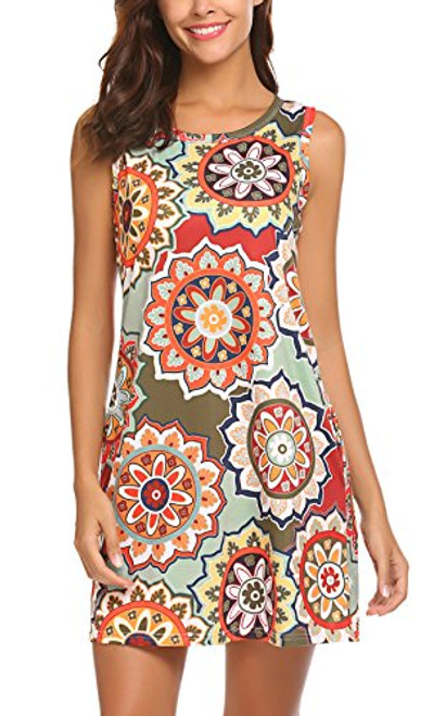 SimpleFun Womens Casual Summer Sundresses Sleeveless Bohemian Printed Swing Loose Pockets T-Shirt Dress (XL, Olive)