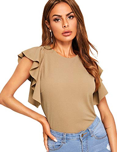 Romwe Women's Ruffle Sleeve Solid Elegant Wear to Work Blouse Top Apricot S