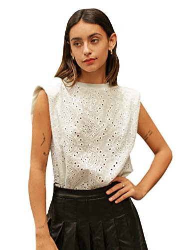 Romwe Women's Sleeveless Round Neck Solid Eyelet Embroidery Summer Cotton Blouse Top Boho White XS