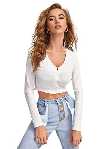 SheIn Women's Casual V-Neck Long Sleeve T-Shirt Button Front Ribbed Crop Tee Top White X-Small