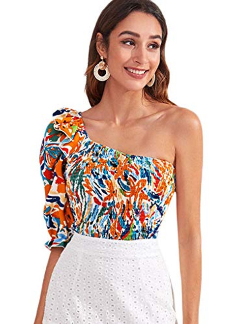SOLY HUX Women's One Shoulder Puff Short Sleeve Printed Crop Top Blouse Multicoloured L SOLY HUX Women's One Shoulder Puff Short Sleeve Printed Crop Top Blouse Multicoloured L