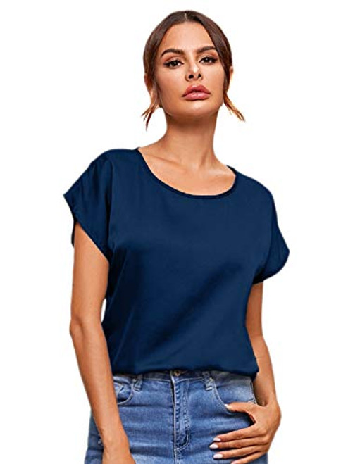 SOLY HUX Women's Casual Short Sleeve Crew Neck Satin Silk Blouse Top Navy Blue S