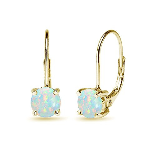 Yellow Gold Flashed Sterling Silver 6mm Round-Cut Synthetic Opal Leverback Earrings