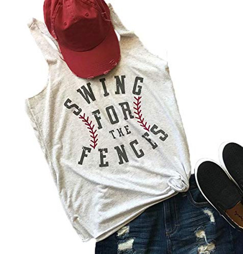 Swing for The Fences Racerback Tank Top Baseball Graphic Printed Tee Women Summer Sleeveless Casual Shirt Size S (Light Grey)