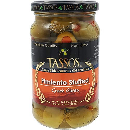 Tassos Pimiento Stuffed Green Olives, Greek Olives, Net Wt 12.84 Ounce (Single)