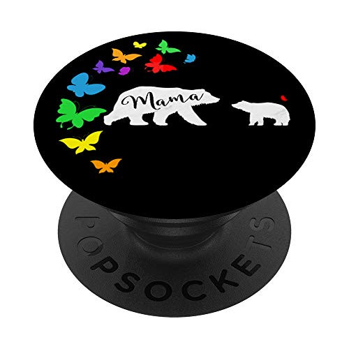 Mama Bear Gift -Rainbow Butterflies - Mama Bear with 1 Cub PopSockets Grip and Stand for Phones and Tablets