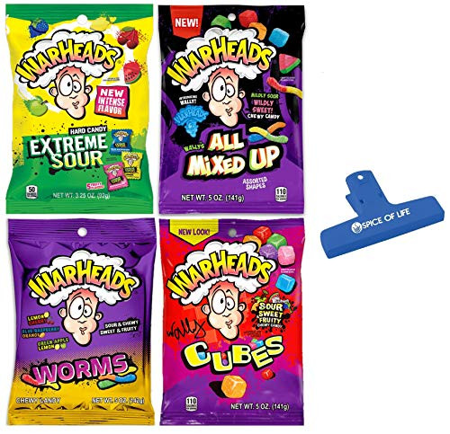 Warheads Candy Variety, Extreme Sour Hard Candy, All Mixed Up, Worms, and Cubes, 3.25-5 Ounce Bags (Pack of 4) - with Spice of Life Bag Clip