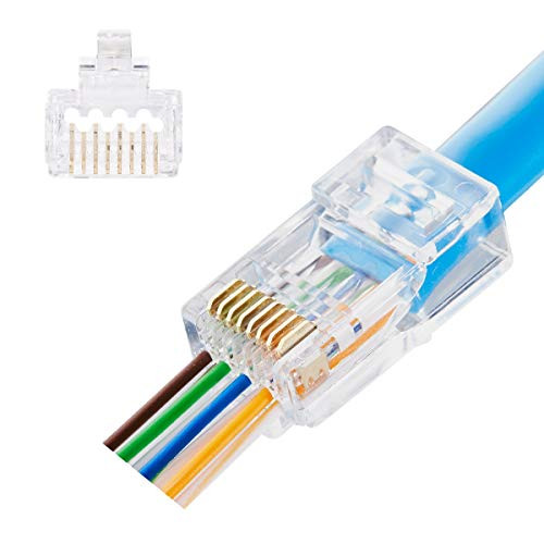 Quilence Staggered EZ CAT6 Pass Through Connectors RJ45 Connectors Gold Plated 3 Prong Ethernet Ends Plug Network Cable Connectors for 24AWG CAT6 Cable (24AWG-100pcs)