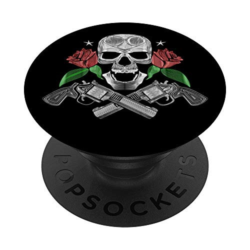 Wicked Skull with Red Rose and Gun - Flowers PopSockets Grip and Stand for Phones and Tablets
