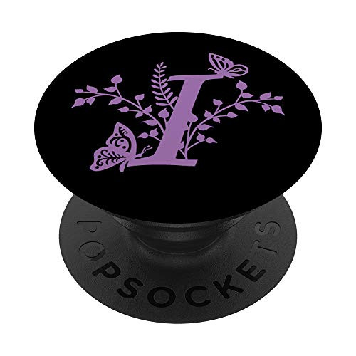 Black Purple Lavender Butterfly Letter I Initial Monogram PopSockets PopGrip: Swappable Grip for Phones  and  Tablets