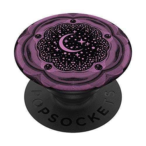 Purple  and  Black Crescent Moon  and  Stars Sacred Geometry Mandala PopSockets Grip and Stand for Phones and Tablets