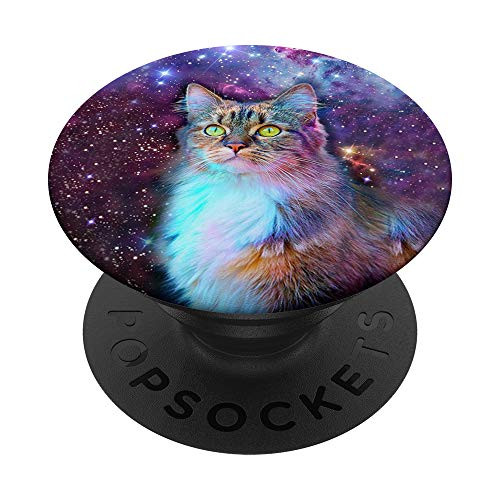 Space Cat Cute Kitty Pet Stars Galaxy Planets Purple Blue PopSockets PopGrip: Swappable Grip for Phones  and  Tablets