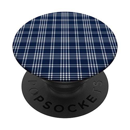 Navy Blue  and  White Sripe Gingham Check Plaid PopSockets PopGrip: Swappable Grip for Phones  and  Tablets