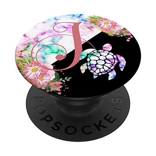 Rose Pink Letter J Initial Sea Turtle Rainbow Monogram PopSockets PopGrip: Swappable Grip for Phones  and  Tablets