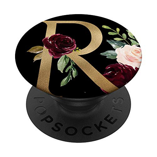 Initial R Monogram Letter R Black and Burgundy Floral PopSockets Grip and Stand for Phones and Tablets