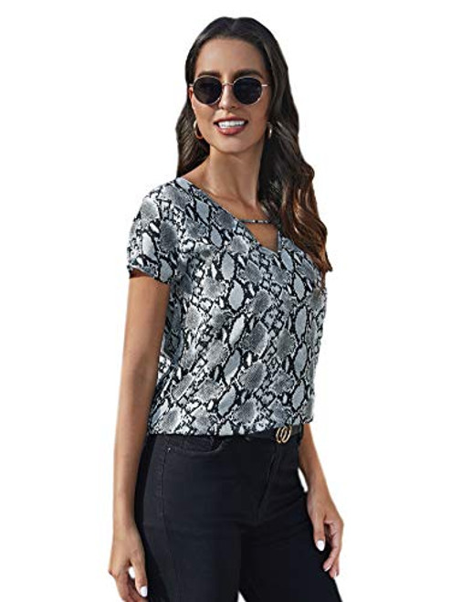 SOLY HUX Women's Casual Short Sleeve Print V Neck Top Blouse Snakeskin M