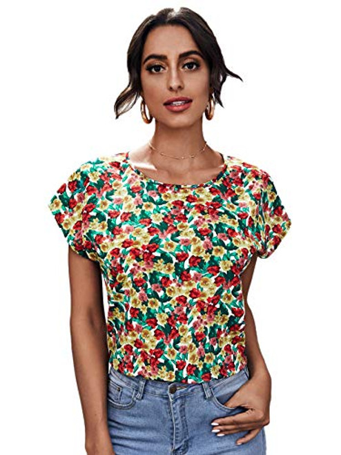 SOLY HUX Women's Floral Print Short Sleeve Crew Neck Summer Blouse Top Multicoloured L SOLY HUX Women's Floral Print Short Sleeve Crew Neck Summer Blouse Top Multicoloured L