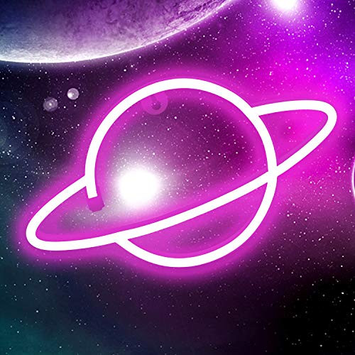 Momkids Pink Neon Signs Planet Shape Led Neon Light Wall Decor Light Up Sign USB or Battery Operated Night Lights for Bar Pub Christmas Birthday Party Gifts Kids Room Home Decorative Lights