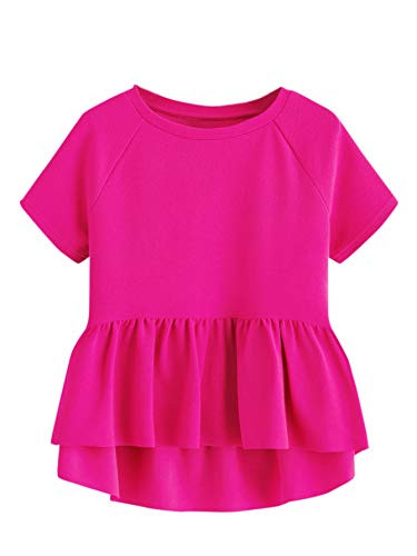 SheIn Women's Cute Short Sleeve Ruffle High Low Hem Smock Peplum Blouse Top Bright Pink Large