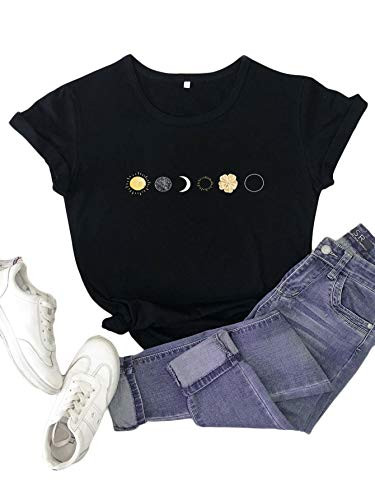 Romwe Women's Casual Sun  and  Moon Graphic Print Short Sleeve Basic T Shirt Tee Tops Black M