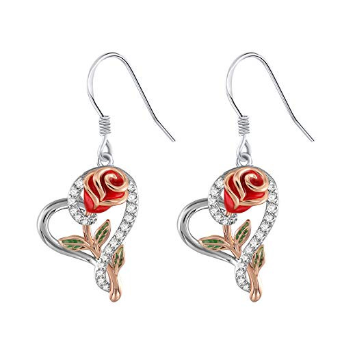 SNZM Sterling Silver Heart Earrings for Women Red Rose Flower Dangle Earrings Jewelry Gifts for Girlfriend Mom Wife SNZM Sterling Silver Heart Earrings for Women Red Rose Flower Dangle Earrings Jewelry Gifts for Girlfriend Mom Wife