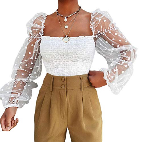 Women's Puff Sleeve Top Mesh Round Neck Polka Dots Slim Fit Blouse Tops (White, M)