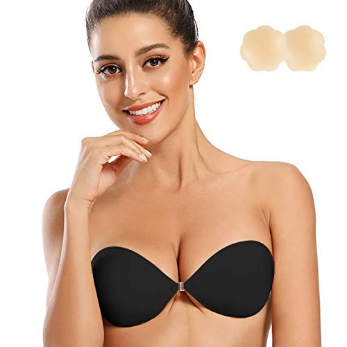 Niidor Sticky Bra Adhesive Bra Reusable Strapless Self Adhesive Backless Bra Invisible Push up Silicone Bra for Women Lycra Fabric Black(A Cup)