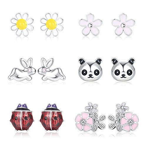 CASSIECA 6 Pairs Tiny Stud Earrings Daisy Flower Earrings Stud Earrings Cute Animal Panda Red Ladybug Rabbit Stud Earrings for Women