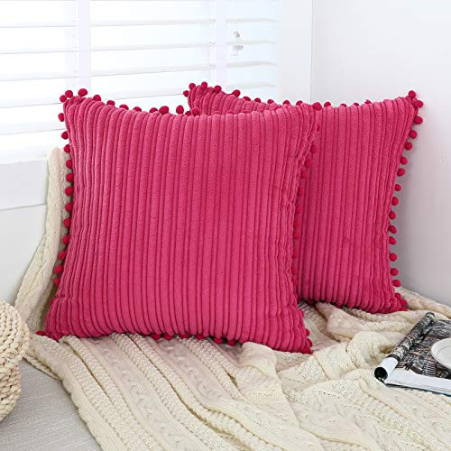 Oirpro Hot Pink Pillow Covers 18x18 inch with Pom-poms Set of 2 Corduroy Farmhouse Boho Accent Decorative Throw Pillow Covers for Couch Bed Sofa