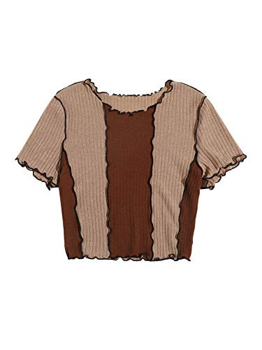 DIDK Women's Short Sleeve Round Neck Crop Top Rib Knit Colorblock Tee Shirt Brown M
