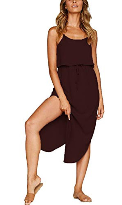 MISSLOOK Women's Adjustable Spaghetti Straps Sundress Irregular Hem Split Slip Dress Sleeveless Summer Beach Midi Dress - Burgundy S