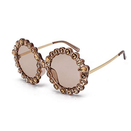 Armear Women Big Rhinestone Sunglasses Oversized Beige Lens Crystal Round Flower Shape