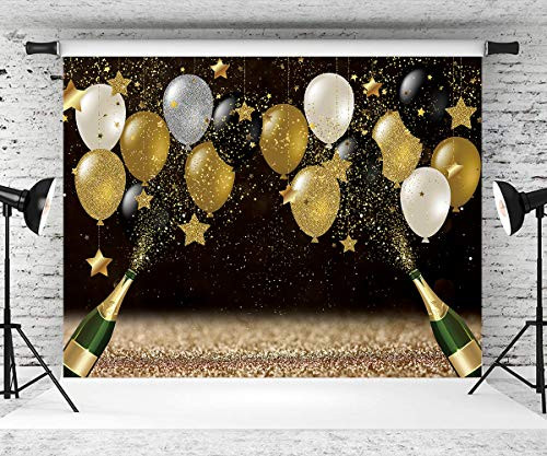 7x5ft Happy Birthday Backdrop Golden Balloons Stars Fireworks Party Decoration, Black Gold Sign Poster Photo Booth Backdrop Background Banner for Men Women 30th 40th 50th 60th 70th Bday Party Supplies