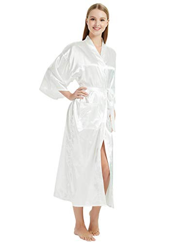 V Vaborous Women's Long Silk Robes Full Length Satin Kimono Robes Long Dressing Gown Pure White