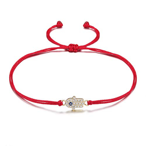 JINBAOYING Hamsa Evil Eye Bracelet with Cubic Zirconia String Kabbalah Adjustable Bracelet Handmade Charm Bracelets for Women Men (Hamsa Bracelets (Red))