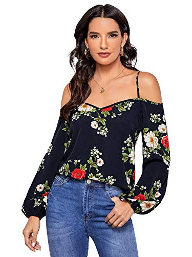 SweatyRocks Women's Floral Print Cold Shoulder Long Bishop Sleeve Blouses Top Navy Blue S