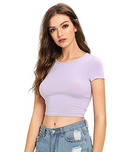 SweatyRocks Women's Basic Short Sleeve Scoop Neck Crop Top Purple Medium