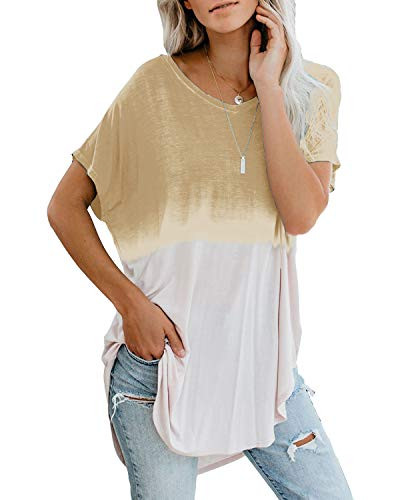 Yanekop Womens Tie Dye Printed T Shirt Casual Short Sleeve Tunic Color Block Shirt Tops(Beige,2XL)