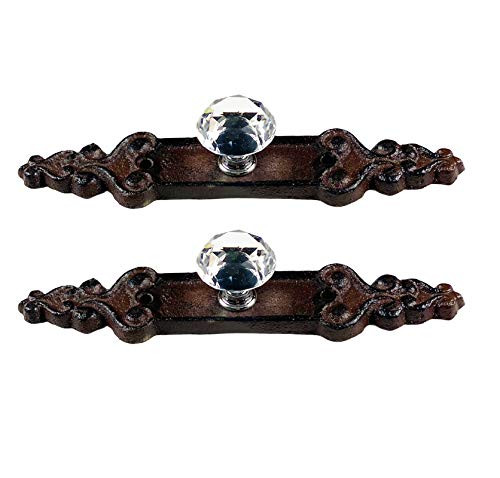 Urbalabs Cast Iron Crystal Glass Knobs Kitchen Cabinet Handles and Drawer Pulls Antique Country Home Rustic Decor Farmhouse Cabinet Handle Floral Western Dresser Pulls (2, Classic Cast Iron)