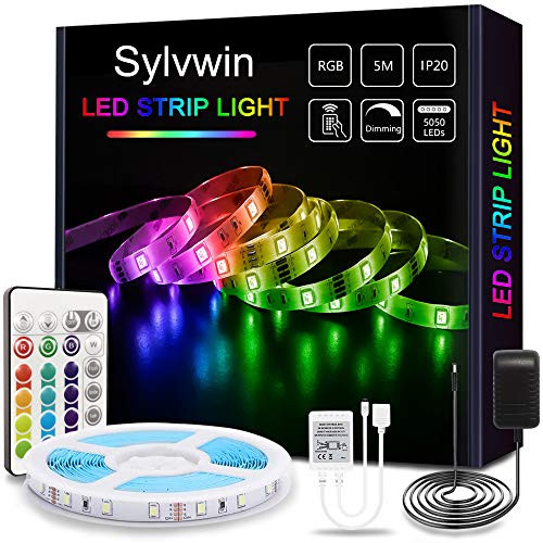 Sylvwin LED Strip Lights 16.4FT,RGB Strip Lights with Color Changing,SMD 5050 Dimmable Lighting with Remote Control for Home Kitchen,Bedroom Decoration,Party,TV Backlight Sylvwin LED Strip Lights 16.4FT,RGB Strip Lights with Color Changing,SMD 5050 Dimmable Lighting with Remote Control for Home Kitchen,Bedroom Decoration,Party,TV Backlight