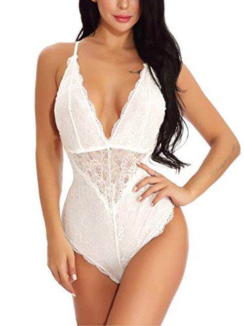 Kaei and Shi V-Neck See Through Lingerie Floral Lace Babydoll Sexy Lingerie for Women One Piece Bodysuit White Large