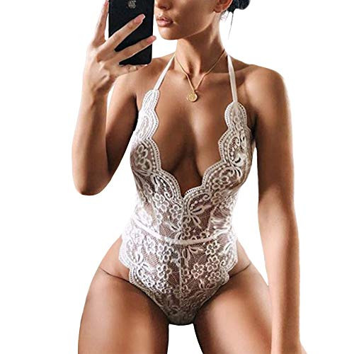Slutty Lace Eyelash Bodysuit for Women Sexy Teddy Lingerie Naughty Negligee Bodysuit (Small, White)