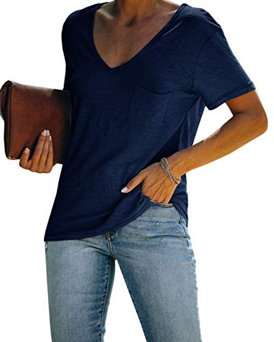 Haloumoning Womens Short Sleeve V Neck Loose Casual Pocket Basic Tee T-Shirts Navy