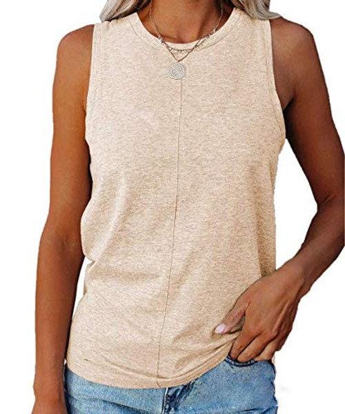 ZIWOCH Womens Summer Tank Tops Crew Neck Sleeveless Solid Color Casual Loose Fit Tee Shirts Khaki