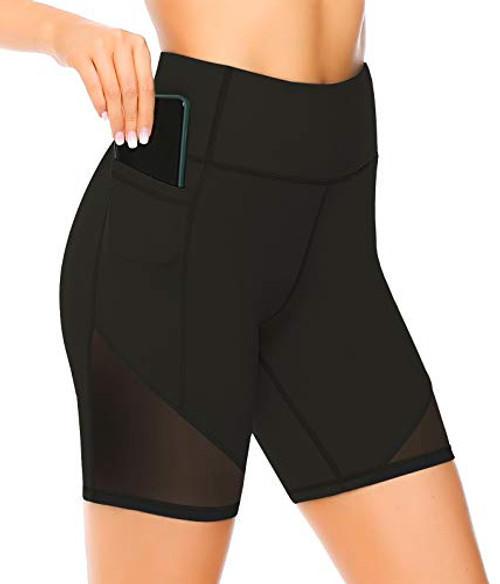 VOEONS Workout Yoga Shorts for Women with Pockets High Waisted Tummy Control Spandex Gym Shorts for Biking Running Athletic (Black,2XL)