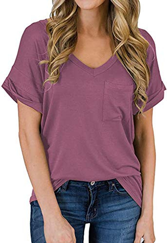 Hount Womens V Neck Short Sleeve Shirts Casual Loose Fitting Summer Tunic T-Shirts (Large, Maroon)