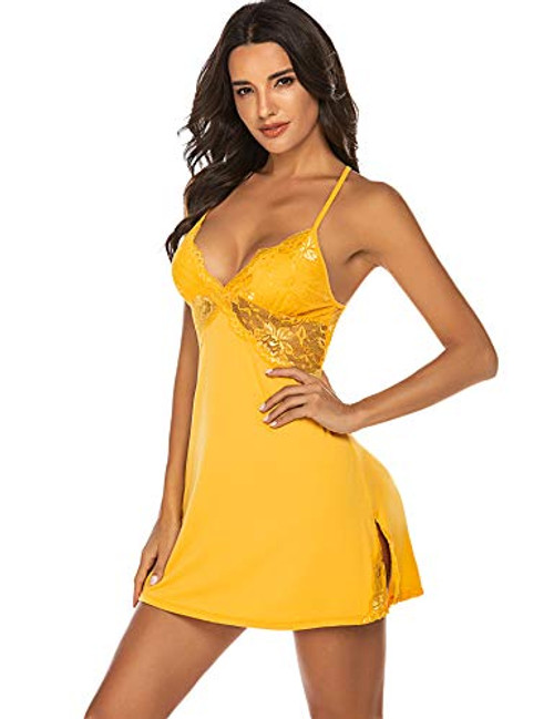 ADOME Women Chemise Lingerie Sexy Nightie Full Slips Lace Babydoll Sleepwear Dress Yellow