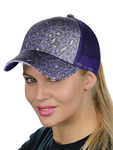 C.C Ponycap Messy High Bun Ponytail Adjustable Glitter Mesh Trucker Baseball Cap, Leopard Lavender/Purple